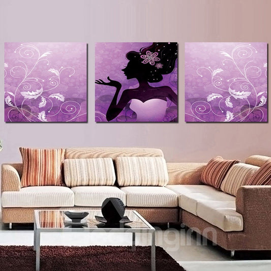 16¡Á16in¡Á4 Panels Pretty Girl Hanging Canvas Waterproof and Eco-friendly Purple Framed Prints
