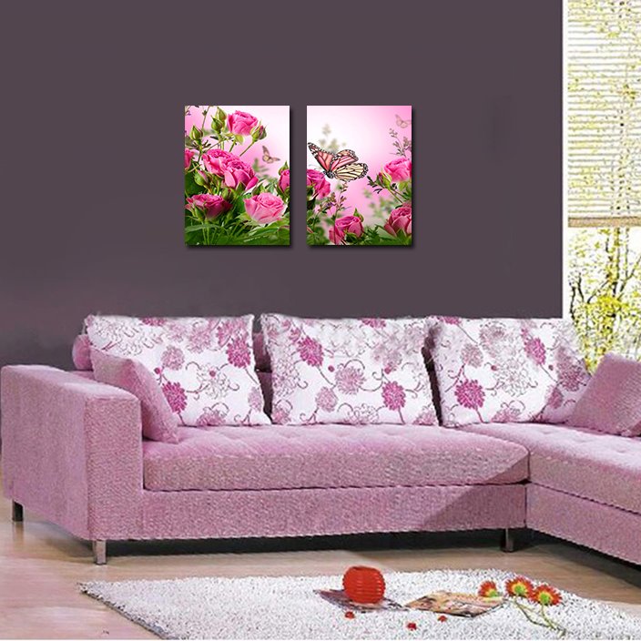 16¡Á24in¡Á2 Panels Flowers and Butterflies Hanging Canvas Crystal Film Waterproof Eco-friendly Framed Prints