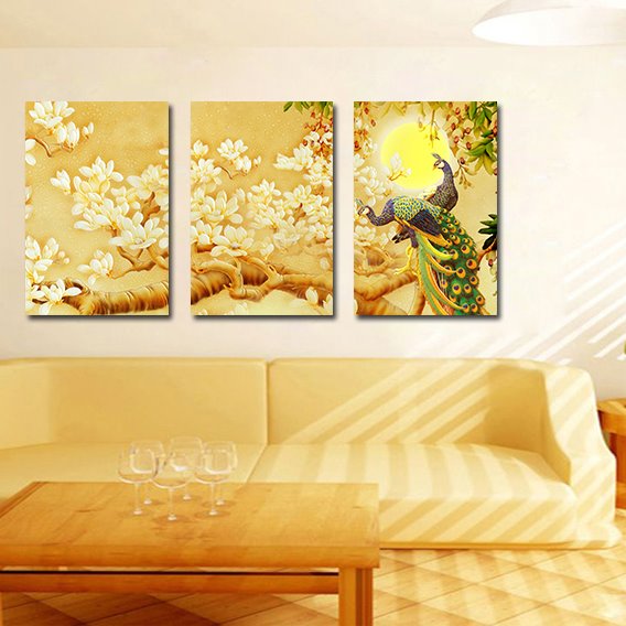 El pavo real y las flores, 3 piezas de película de cristal, impresión para pared