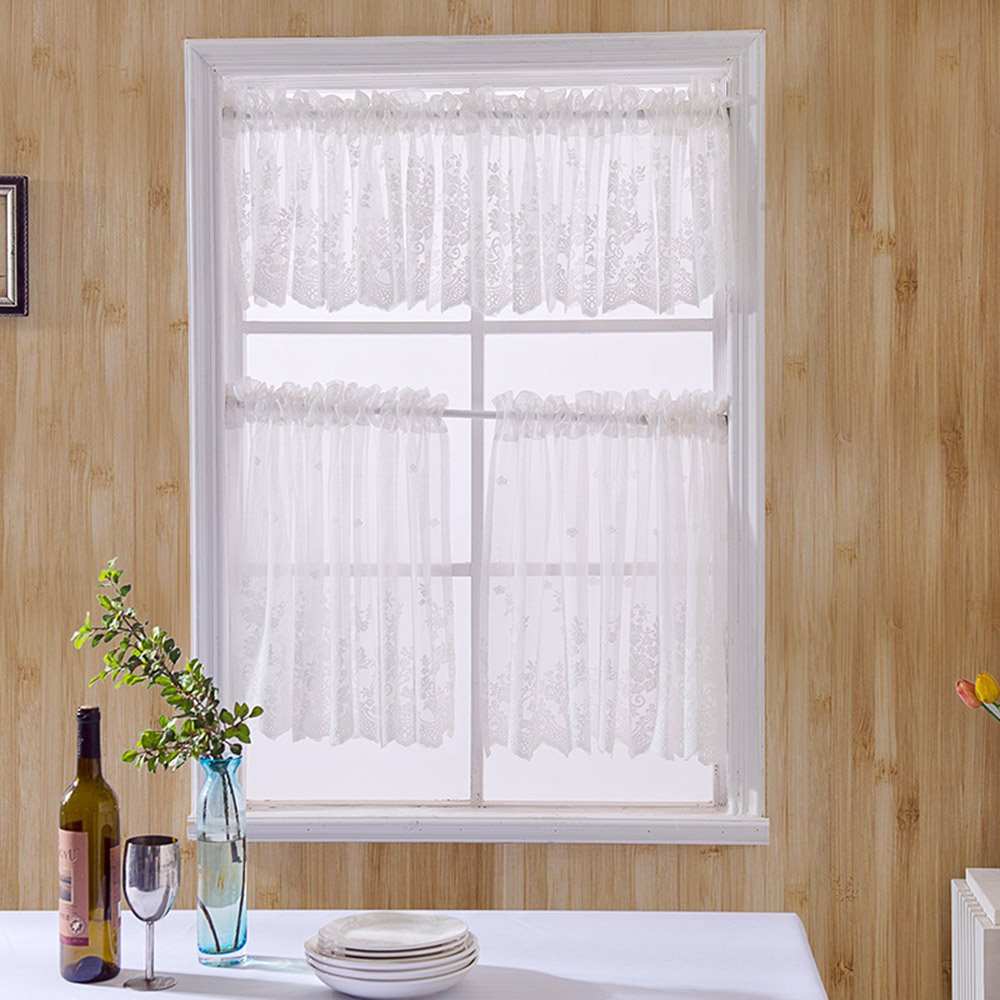 European Lace Floral Window Valance 1Pc Sheer Voile Short Valance for Kitchens Bathrooms Basements & More