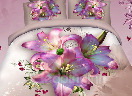 3D Floral Bedding Set 4-Piece Duvet Cover Set Pink Lily Colorfast Wear-resistant Endurable Skin-friendly Ultra-soft Microfiber No-fading