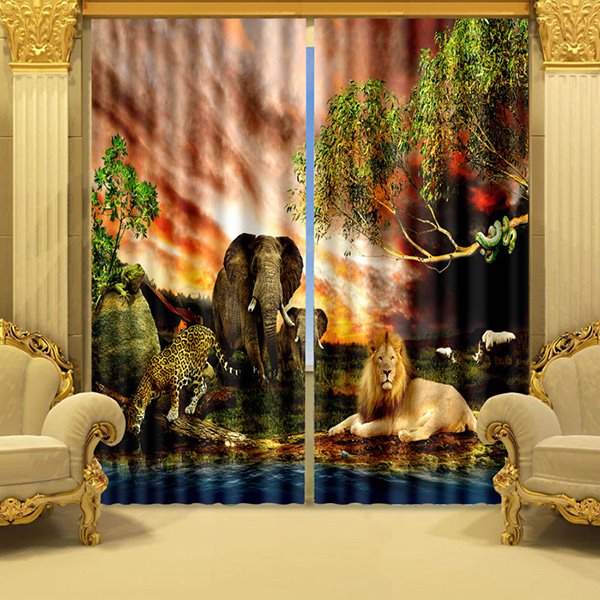 3D Elephant Lion Tiger and Leopard Animals Kingdom Printed Custom Living Room Curtain