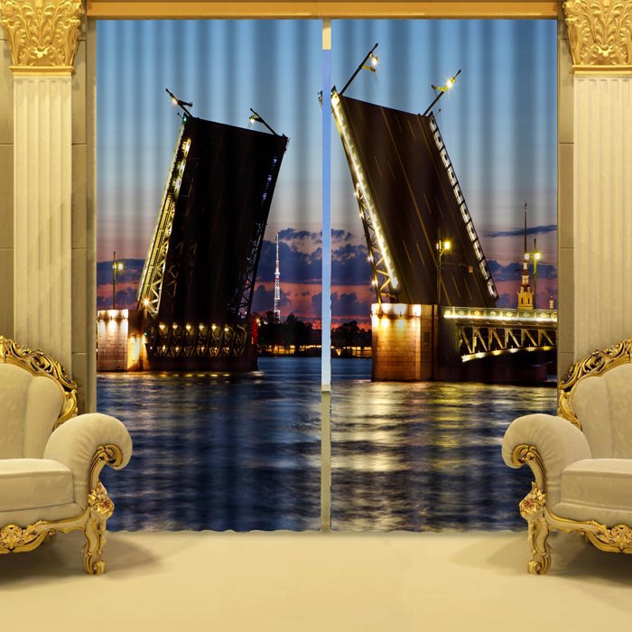 Charming Seaside City of Night Print 3D Blackout Curtain