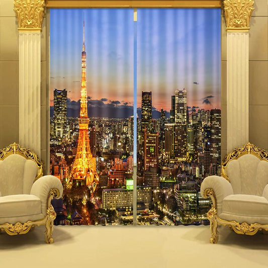 3D Beautiful Night City Printed Polyester Modern Style 2 Panels Custom Blackout Curtain