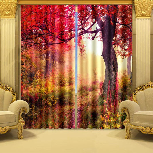 3D Beautiful Red Tree Printed Vibrant Color Natural Scenery Custom Living Room Curtain