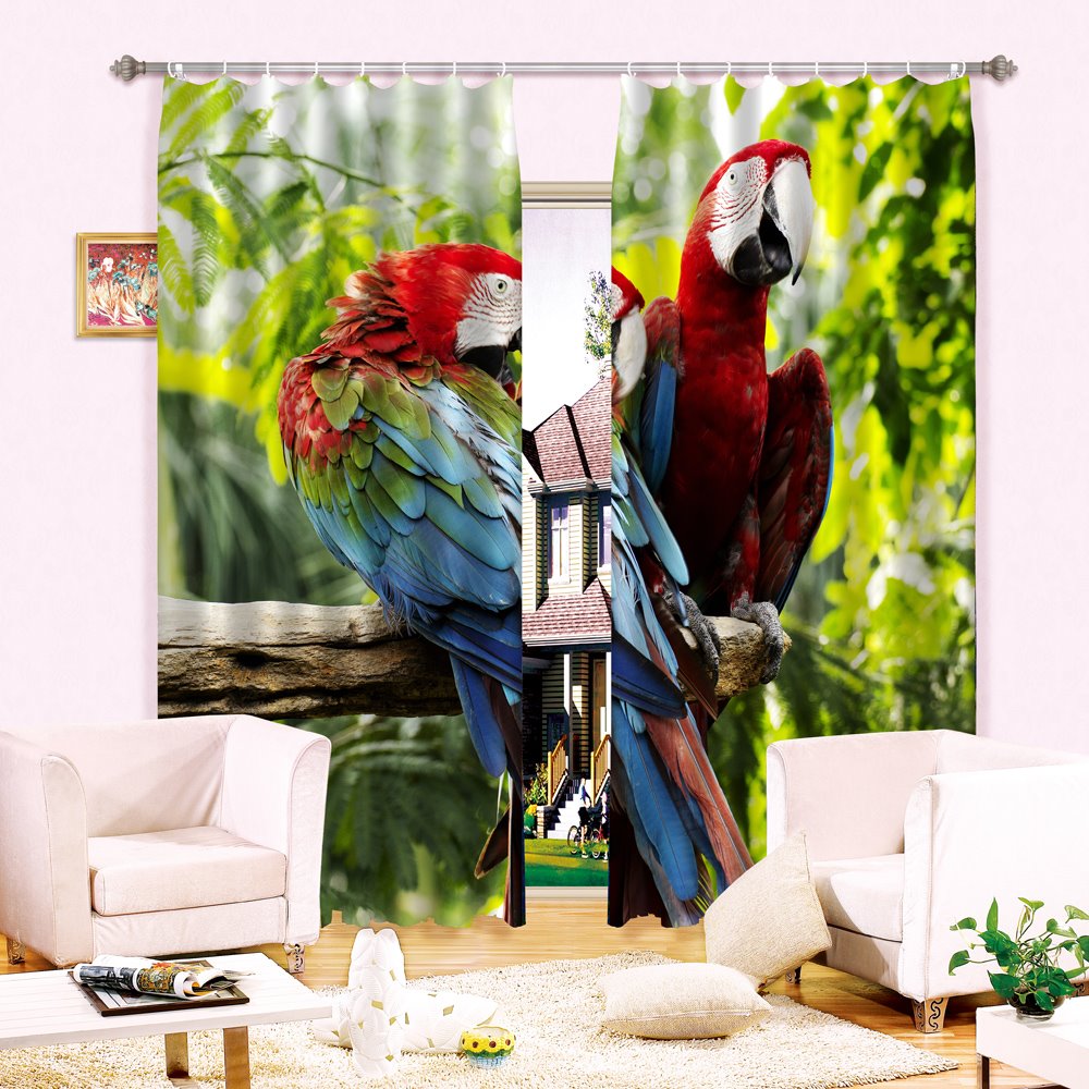 3D Vivid Couple Parrots Printed Thick Polyester Custom Blackout Curtain