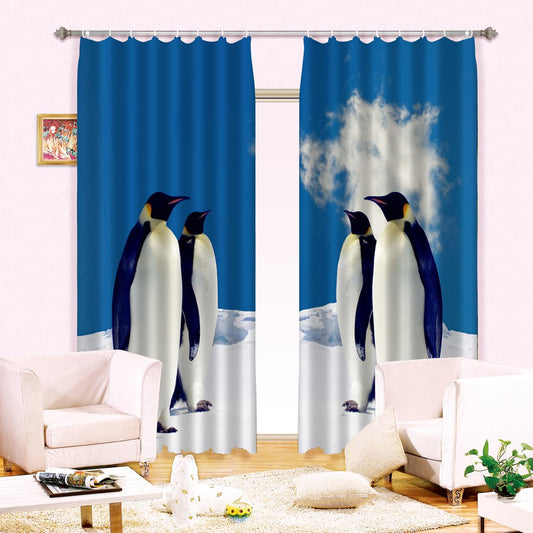 Penguins under Blue Sky Printed Blackout Curtain, 2 Panel Style Polyester Animal Theme Curtain
