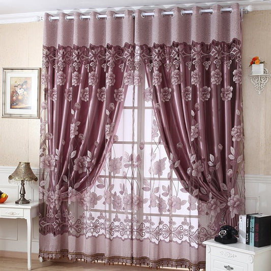 Beautiful Cameo Brown Floral Pattern Sheer & Grommet Top Curtain Sets for Living Room Bedroom Decoration