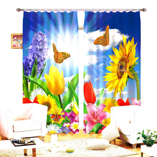 3D Colorful Flowers Red Rose Butterflies Printed Two Panels 3D Curtain