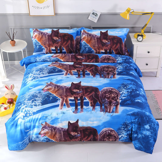 3D Wolfs on Snow Print 4-Piece Bedding Sets/Duvet Covers Microfiber Blue