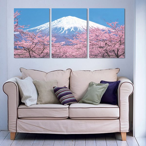 Magnífico Monte Fuji y Sakura, impresión de pared artística de película de cristal de 3 piezas