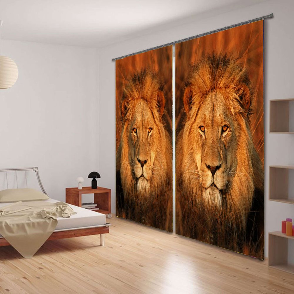 Lion Face Printed 2-Panel Style Shading Curtain for Living Room Bedroom, Animal Theme Polyester Blackout Curtain