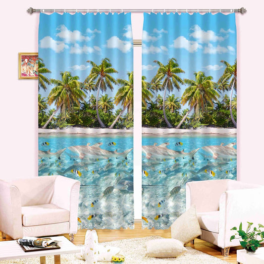3D Dolphins and Palm Trees Summer Refreshing Beach Printed Blackout 3D Curtain