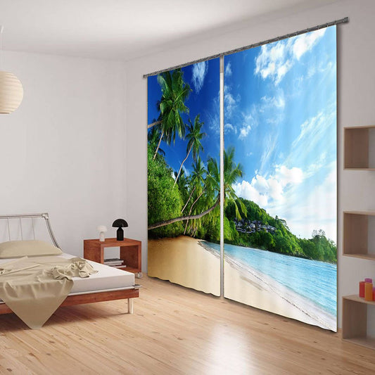 3D Palm Trees in Seaside Printed Beach Scenery Decoration Custom Living Room Curtain