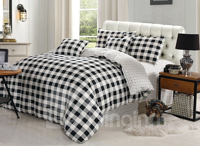 US Only Black and White Plaid Pattern Cotton 4-Piece Bedding Set Duvet Cover Set