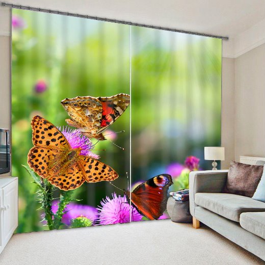 3D Beautiful Butterfly Printed Thick Polyester 2 Panels Light Blocking Curtain
