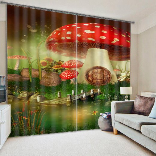 Wonderful and Dreamy Mushroom and Wooden Bridge Polyester 3D Blackout Curtain