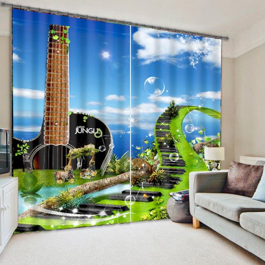 Cortina decorativa personalizada de poliéster con paisaje creativo impreso con puente musical y guitarra 3D