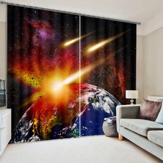 3D Amazing Planets Collision 2 Panels Living Room Custom Curtain