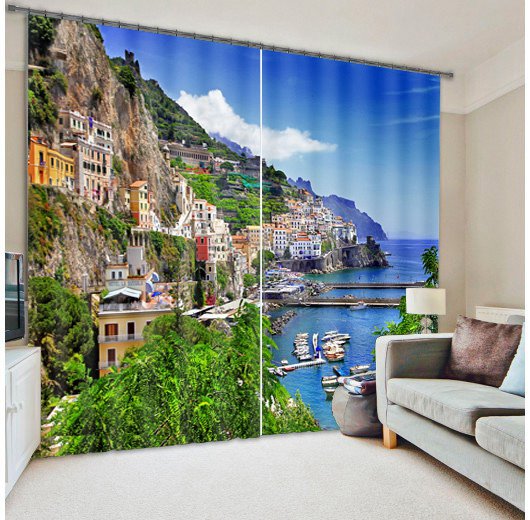 Schöne Küstenstadt-Gebäude-Landschaftsdruck-kundenspezifischer Wohnzimmer-3D-Vorhang