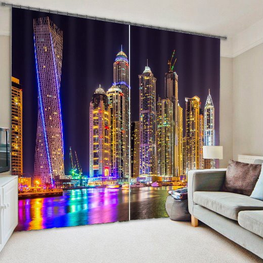 3D Wonderful City Night Scenery Printed Polyester Modern Style Dust-Proof Custom Curtain