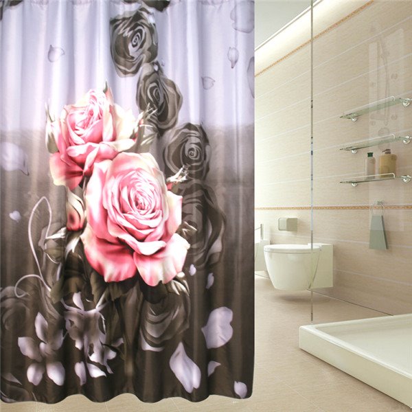 Cortina de ducha 3D impermeable y ecológica de poliéster con estampado de rosas rosadas