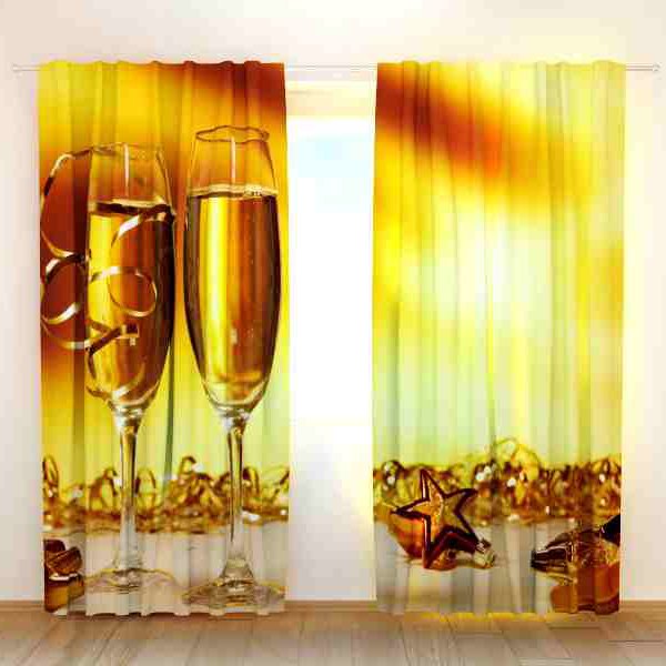 Golden Color Wine Glass Print 3D Blackout Curtain