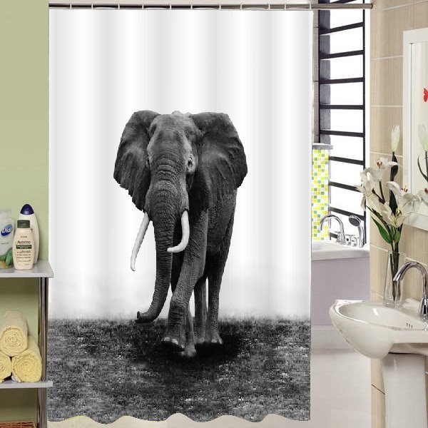 Cortina de ducha de baño gris de poliéster impresa elefante a prueba de moho 3D