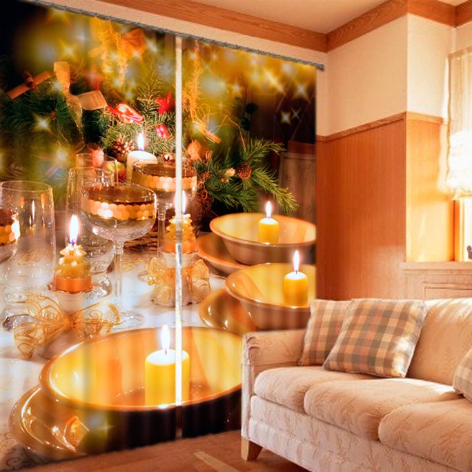 Cortina opaca y decorativa con tema navideño impreso con velas de festival romántico en 3D