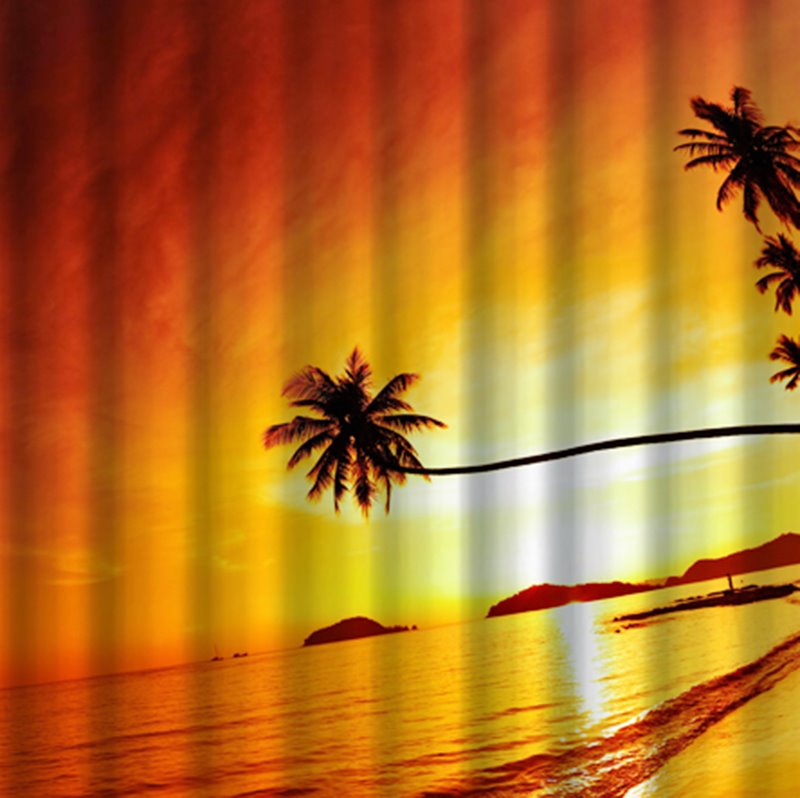 3D Coconut Tree and Beach in Sunset Printed Polyester Red Shower Curtain