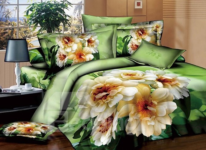 White Blooming Flowers Design Green 4-Piece Cotton Duvet Cover Sets