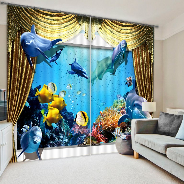 3D Lifelike Undersea World Printed Blackout and Decoration Custom Curtain for Living Room