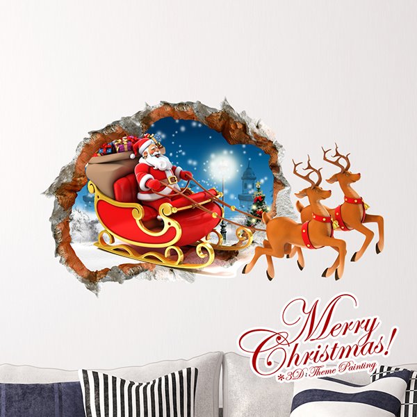 Festival Santa Claus Riding on Reindeer Sledge Removable 3D Wall Sticker