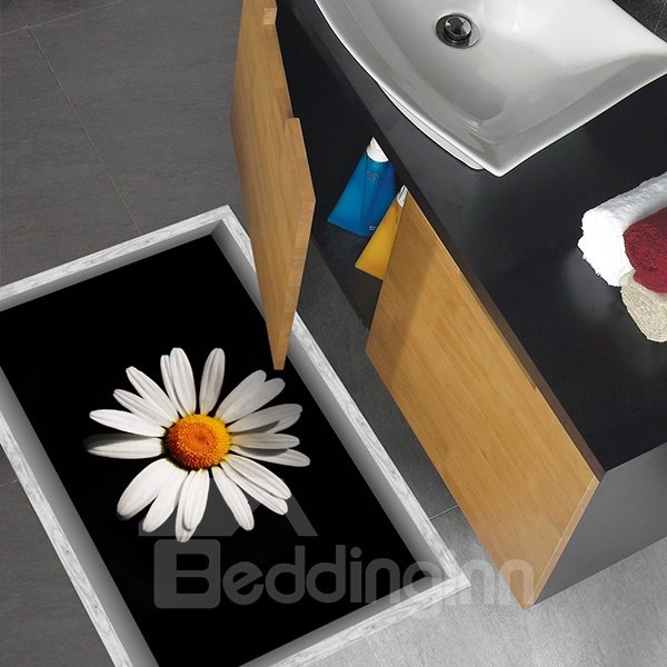 Unique White Daisy in Black Background Slipping-Preventing Water-Proof Bathroom 3D Floor Sticker
