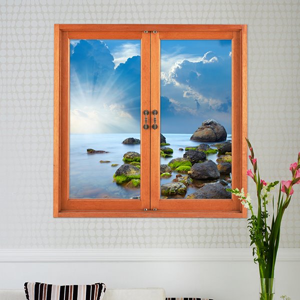 Hermosas pegatinas de pared 3D removibles con vista a la ventana de la orilla del mar y las rocas