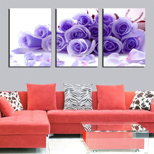 Romantic and Delicay Purple Roses 3-Panel Canvas Wall Art Prints