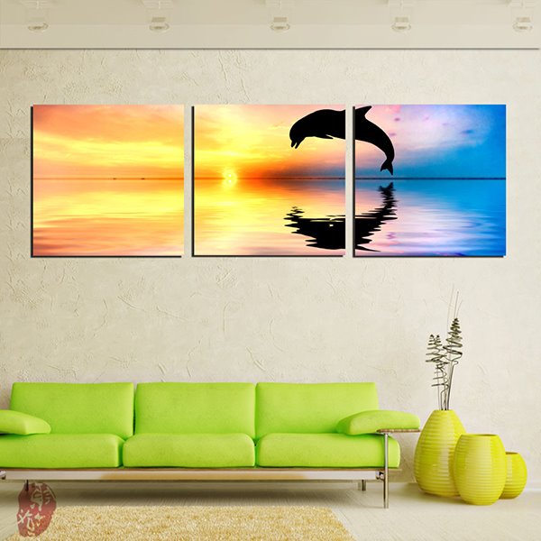 Creative Dolphin Profile on the Sea in Sunset 3-Panel Canvas Wall Art Prints