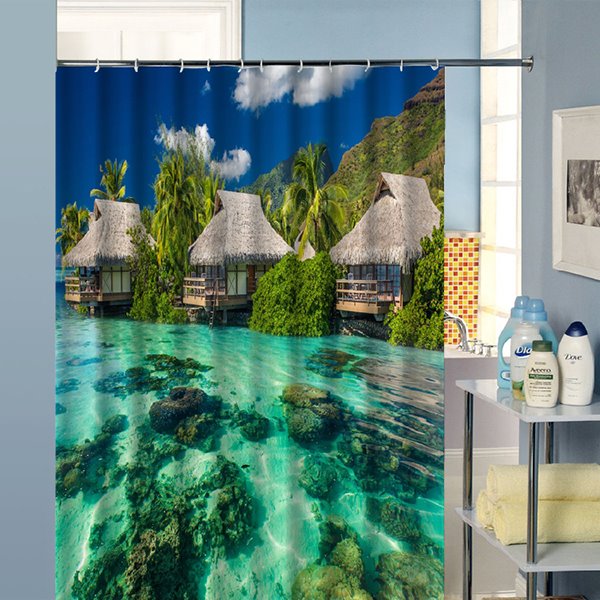 3D-Duschvorhang aus bedrucktem Polyester mit Lodges und Strandlandschaft