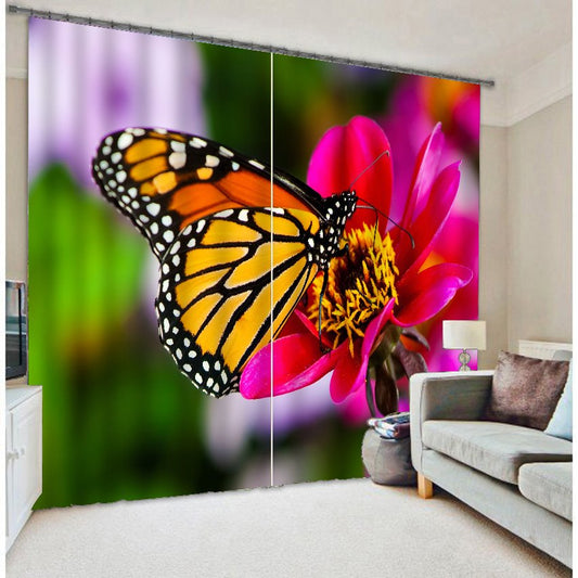 3D Beautiful Butterfly and Red Rose Printed Decorative and Blackout Custom Curtain