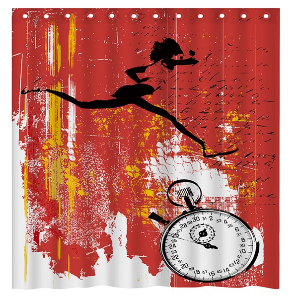 Fashion Unique Doodle Running Woman and Stopwatch Brick-red 3D Shower Curtain