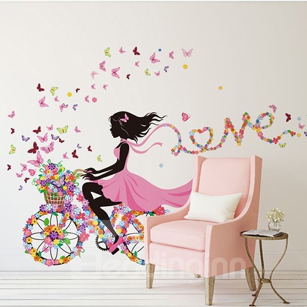 Pegatina de pared impermeable con mariposas de colores y niña montando en bicicleta