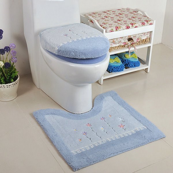 Contemporary Concise Blue Flower Toilet Seat Cover and Rug Set