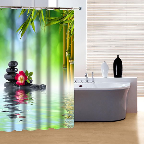 Chinoiserie Style Fresh Bamboo and Stone 3D Shower Curtain
