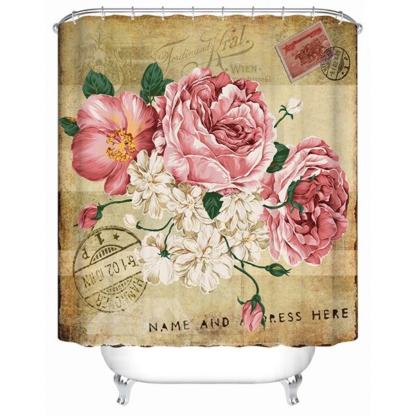 Retro Style Graceful Peony and Postmark Printing 3D Shower Curtain