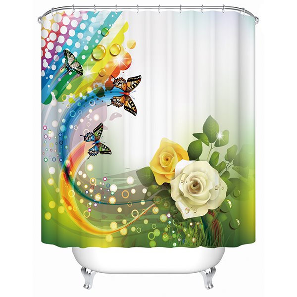 Charming Fantastic Unique Yellow and White Roses Butterfly 3D Shower Curtain