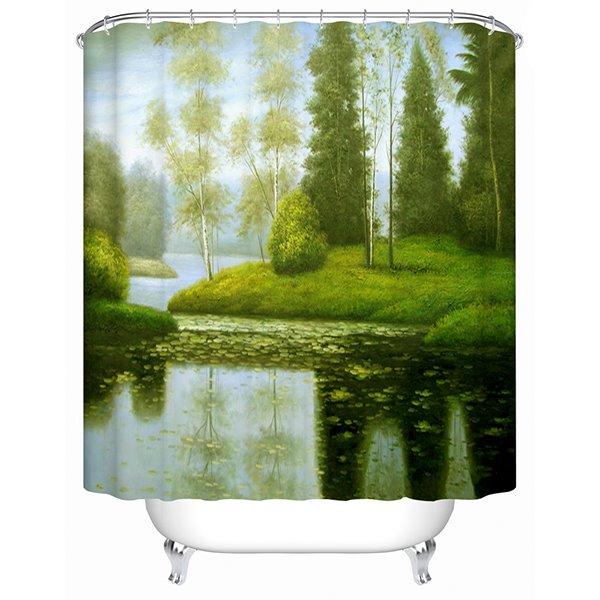Tranquil Lake View Green Trees Print 3D Shower Curtain
