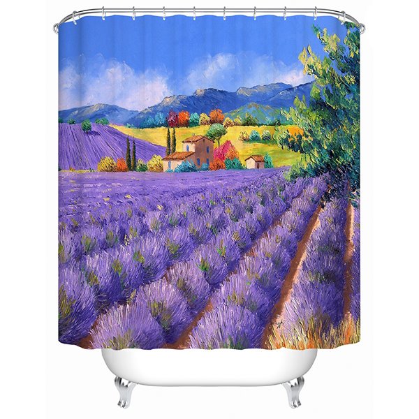 Fabulous Charming Lavender Garden and Small Cottage Print 3D Shower Curtain