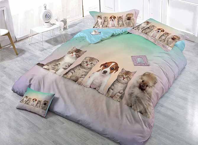 Couchant Katzen und Hunde, verschleißfeste, atmungsaktive, hochwertige 60er-Jahre-Baumwolle, 4-teiliges 3D-Bettwäsche-Set