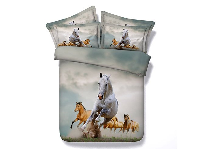 Running Horses Duvet Cover Set Animal Printed Polyester 4-Piece 3D Bedding Set