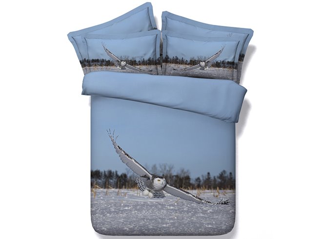 Flying Owl under Blue Sky Printed Polyester 3D 4-Piece Bedding Sets/Duvet Covers